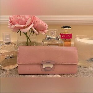 Prada Saffiano Leather Pink Continental Wallet Long Wallet Push lock